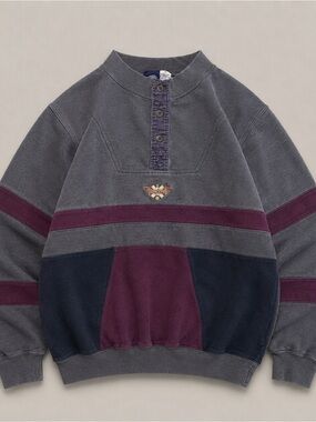 Men's Crewneck Pullover Sweater in Charcoal with Burgundy & Navy Panels